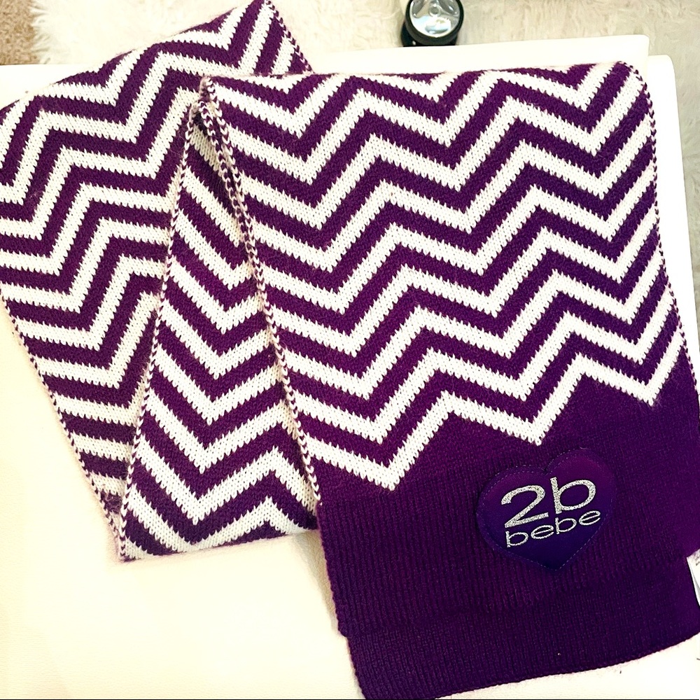 NWT 2b Bebe Purple & White Scarf & Hat - Picture 2 of 7